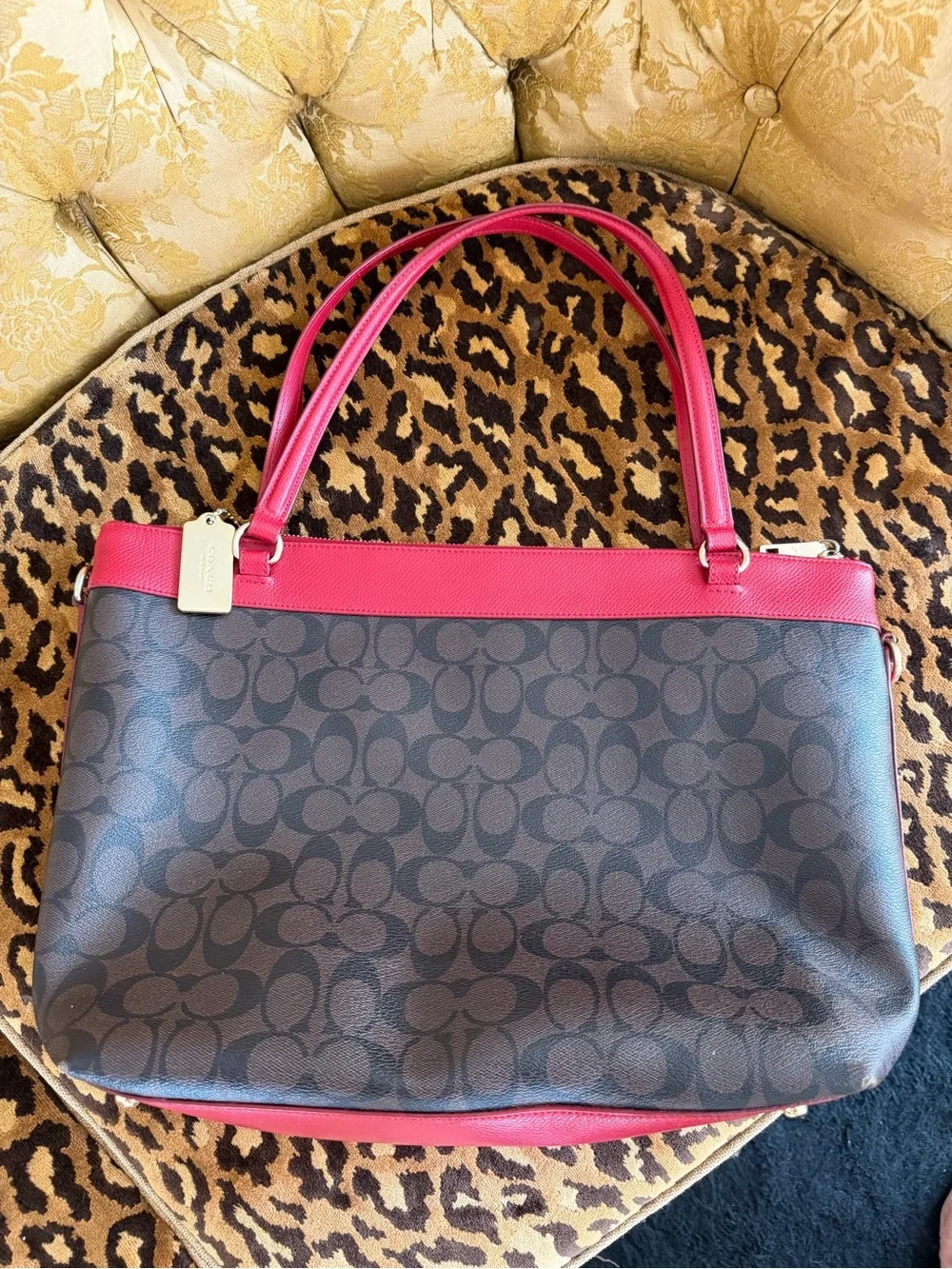 Coach Brown Signature Tote with Red Trim and Gold Hardware